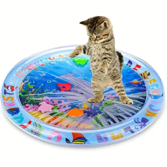 🐾 Spill-Proof Interactive Water Sensory Cat Mat – Floating Fish Design, Durable PVC, Indoor/Outdoor Play