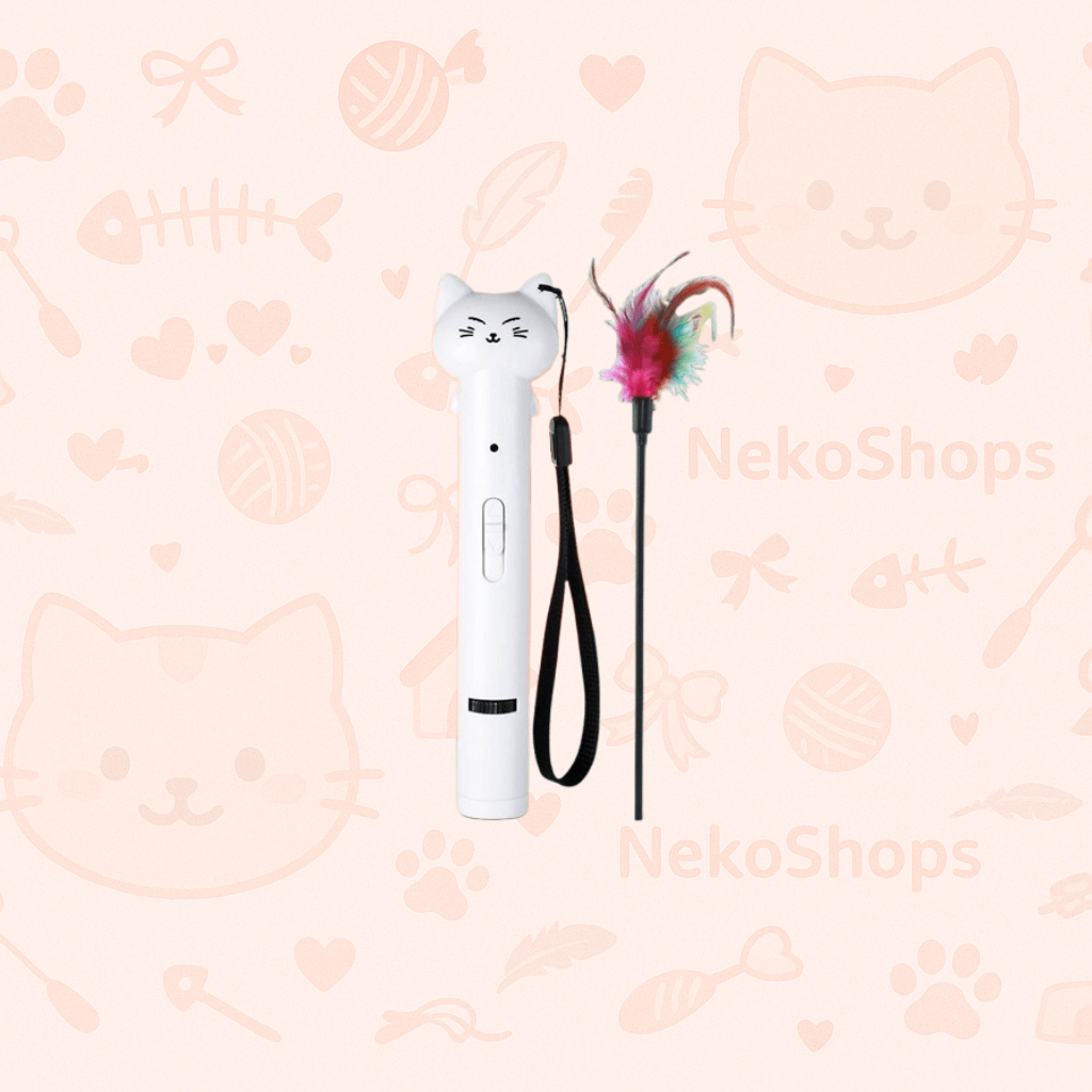 4-in-1 cat toy laser pen with a cute cat design, featuring a colorful feather attachment and USB charging capability.