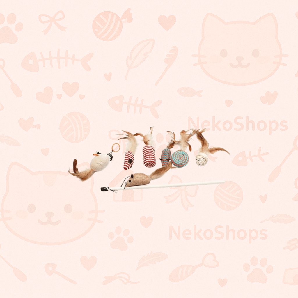 7 Pcs interactive cat toy gift set with mouse designs on a playful backdrop, perfect for active and healthy cats.