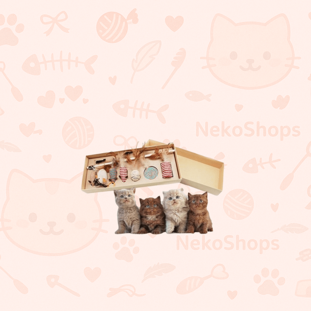 Interactive cat toy gift box with 7 mouse toys, featuring adorable kittens ready to play.