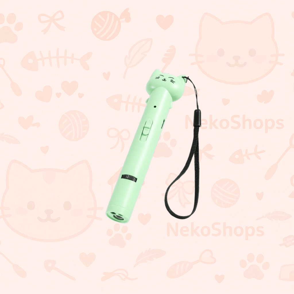 Green cat-shaped laser pen toy for cats, USB rechargeable with playful light patterns and UV detection.
