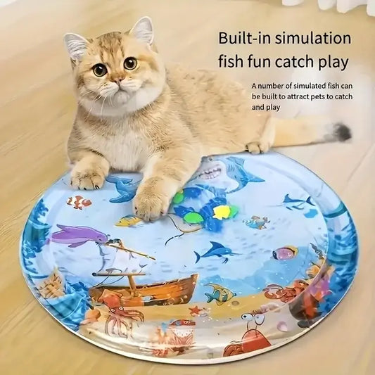 🐾 Spill-Proof Interactive Water Sensory Cat Mat – Floating Fish Design, Durable PVC, Indoor/Outdoor Play